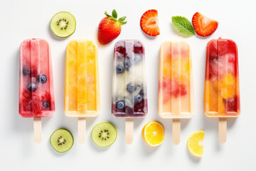 Different flavors of fruit and berry popsicles overhead on white