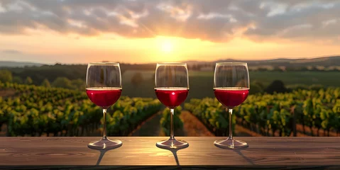 Fotobehang Three Glasses of Red Wine at a Vineyard with Romantic Sunset background © raza