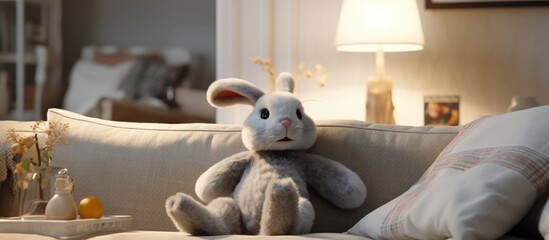 A fawncolored stuffed rabbit with a smiling snout is placed on a wooden couch in an artfully decorated living room, serving as a charming terrestrial animal toy