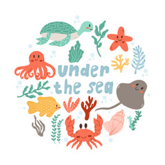 Set with hand drawn  sea animals. Under sea life. Vector doodle  set of marine life objects for your design.