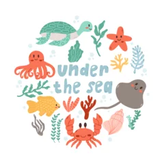 Abwaschbare Fototapete Meeresleben Set with hand drawn  sea animals. Under sea life. Vector doodle  set of marine life objects for your design.