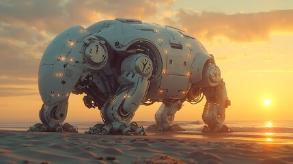 Against the backdrop of a setting sun, a robotic cat companion strolls along a sandy beach,