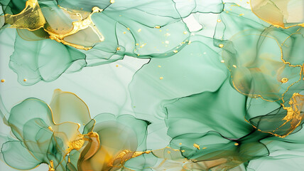 An abstract fluid art painting in mint green and gold, created using the alcohol ink technique. This refreshing combination brings to mind the opulence of a regal garden in spring,  - obrazy, fototapety, plakaty