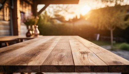 empty wooden counter bar wooden table with blurred backyard background