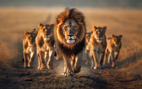 Embracing leadership: the regal journey of a majestic lion leading his pride