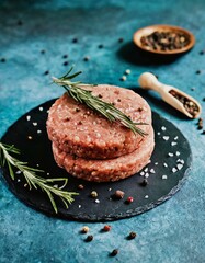  Raw burger cutlets, top view on a beautiful background with a black stand, rosemary and peppercorns