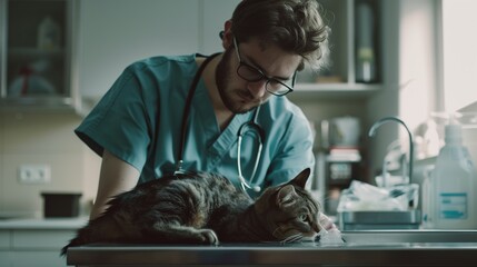 A vet in eyewear is examining a cat on a table in a clinic building. 