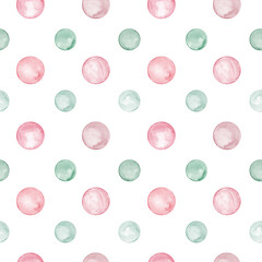 Pink, green polka dots. Circles in soft pastel colors. Seamless pattern. Creative minimalist style. Splashes, round doodle spots. Large and small bubbles. Watercolor illustration isolated on white.