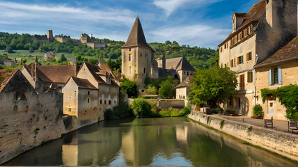 Beynac street view with old medieval buildings and a view over the river dordogne - obrazy, fototapety, plakaty