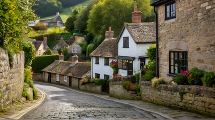 Fototapeta na wymiar A row of cottages on a steep cobbled street at Gold Hill in Shaftesbury, Dorset, United Kingdom, England. Great Britain