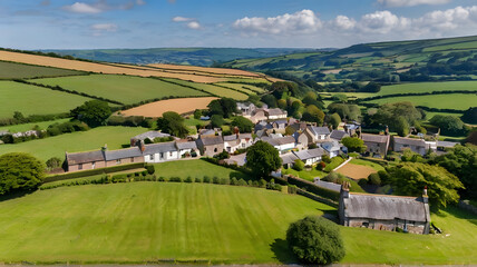 Aerial vista of the rural village of Morchard Bishop in summer, Devon, England, United Kingdom