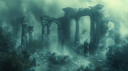 Amidst a sea of swirling mist, the ruins of an ancient temple emerge like specters from the past.