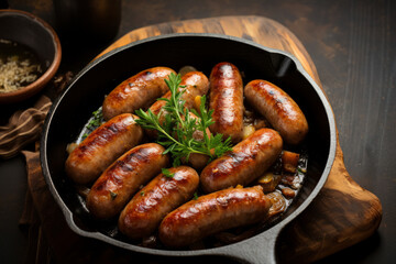 Pork or beef sausage cooked with onion in cast iron pan - obrazy, fototapety, plakaty