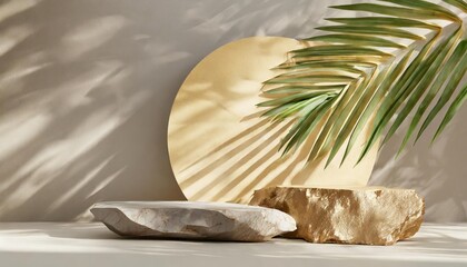 3d background with stone podium display nature rock pedestal with tropical palm leaf and shadow on gray background cosmetic beauty product promotion stand with plant studio 3d render illustration - obrazy, fototapety, plakaty