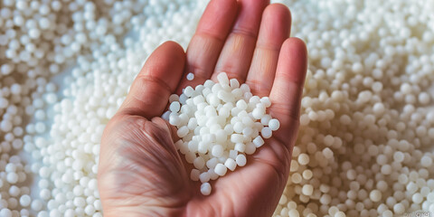 Hand Holding White Plastic Resin Pellets for Plastic Manufacturing, Overmolding, Low Pressure Overmolding, and Injection Molding Materials