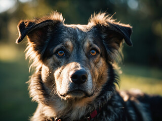 closeup portrait of curious German shapperd dog in woods, generative AI