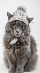 A gray cat wearing a knitted hat poses for the camera