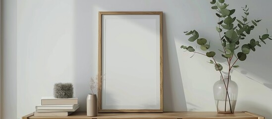 Living room with a modern design featuring a placeholder poster frame, wooden dresser, book, eucalyptus leaves in a vase, and chic personal accessories.