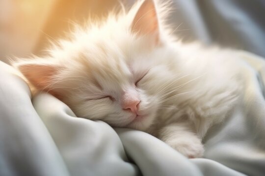 A white kitten sleeping peacefully on a fluffy blanket