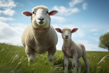 A sheep and a lamb standing in a meadow looking at the camera