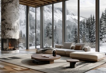 A living room in the mountains with floor-to-ceiling windows, a sofa and coffee table. Winter atmosphere