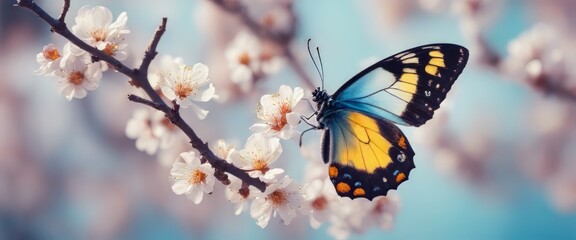 Beautiful blue yellow butterfly in flight and branch of flowering apricot tree in spring at Sunrise