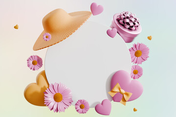 Mothers Day. White empty circle surrounded by holiday symbols. 3D rendering