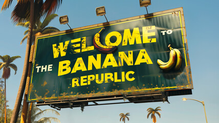 BANANA REPUBLIC WELCOME ROAD SIGN, Satirical, Satire, Ironic, Humorous, Funny. Notice the broken lamps on the sign while in the distance a lamp is lit uselessly during the day where it is not needed - obrazy, fototapety, plakaty