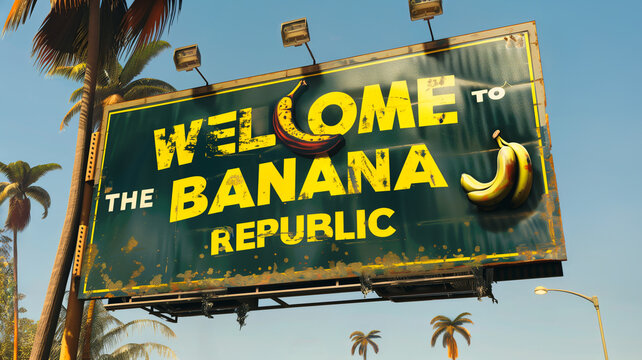 BANANA REPUBLIC WELCOME ROAD SIGN, Satirical, Satire, Ironic, Humorous, Funny. Notice the broken lamps on the sign while in the distance a lamp is lit uselessly during the day where it is not needed