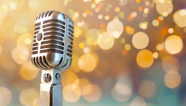 stylish old retro microphone on colored background with bokeh concept bannner karaoke and stund up comedy