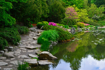 ogród japoński kwitnące różaneczniki i azalie, ogród japoński nad wodą, japanese garden blooming rhododendrons and azaleas, Rhododendron	 - obrazy, fototapety, plakaty