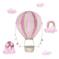 Poster with watercolor  hot air balloon and rainbow. Hand painted vintage isolated  illustration on white background. - 769945824