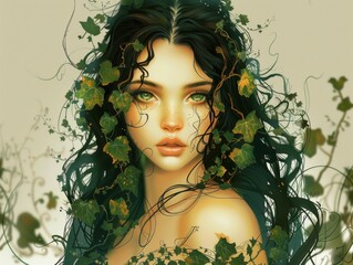 Beautiful Dark haired Woman like dryad in ivy leaves , Concept character Art, Art Nouveau embodies magical and refined essence of era. book cover