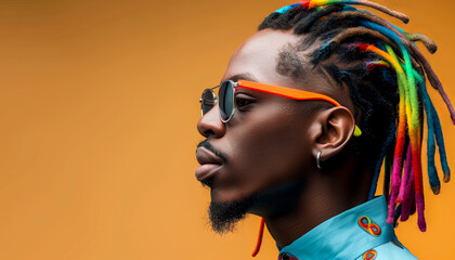 profile portrait of Stylish African american Man with Colorful Dreadlocks and Sunglasses on Orange Background
