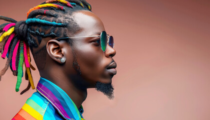 profile portrait of stylish Young African Male with Multicolored Dreadlocks and Sunglasses on solid background