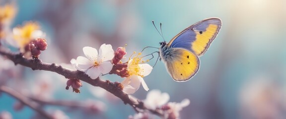 Beautiful blue yellow butterfly in flight and branch of flowering apricot tree in spring at Sunrise