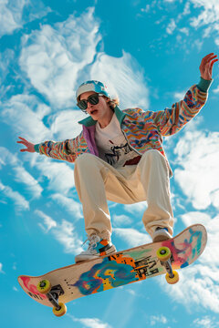 vertical image of skateboarder doing a Trick with a Colorful Board Against Blue Sky and Clouds