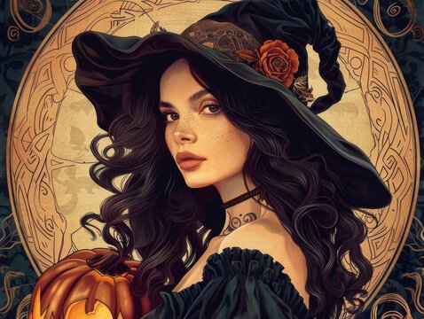 dark-haired beautiful woman, portrait, image of witch with hat and pumpkin , Art nouveau and anime style, low key
