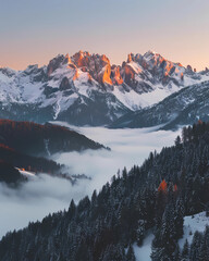 the Dolomites in winter at sunset