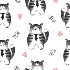 Seamless pattern with grey striped cats on white background. Vector illustration for children.
