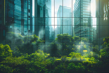 Obraz premium Double exposure of lush green forest and modern skyscrapers windows of building, representing the concept of a green city.