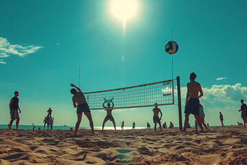 A spirited beach volleyball game in progress on sandy beach under the bright sun