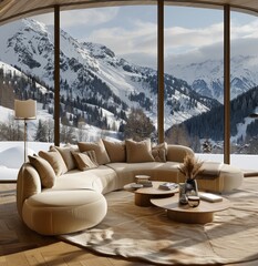 A living room with a beige sofa and coffee table, in a circular shape, with a warm color tone,...