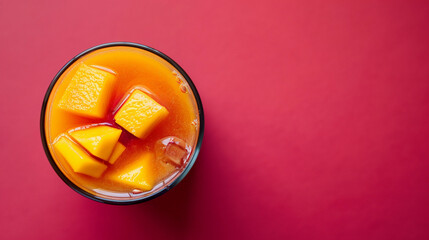 Fresh summer tropical fruit drink. Mango smoothie or juice, non alcohol, healthy drink, with slice fresh mango and papaya on pink background. Copy space top view. isolated