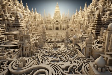 a person within a labyrinth, intricate details of the maze highlighted by ethereal colors and surreal elements - obrazy, fototapety, plakaty