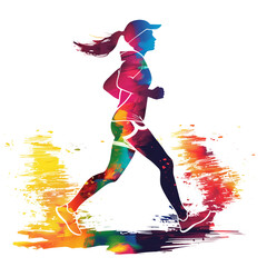 Isolated colorful watercolor runner woman with brushstroke and splashes effect. 