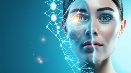 This stock image captures a woman's face with a futuristic network overlay, illustrating concepts of augmented reality and advanced computing