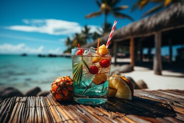 a vibrant tropical fruit cocktail set against the backdrop of a serene beach by the sea