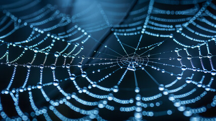 A high-definition image of a digital spider web, symbolizing the internet and global connectivity, with dew-like data nodes at the junctions. - obrazy, fototapety, plakaty