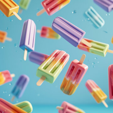 Colorful Assorted Popsicles Floating on Pastel Blue Background